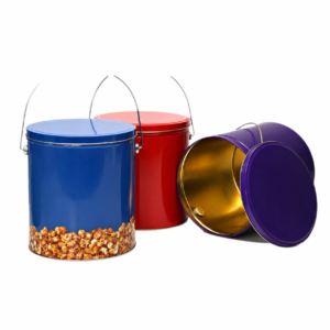 Custom popcorn tin buckets with handles and removable lids