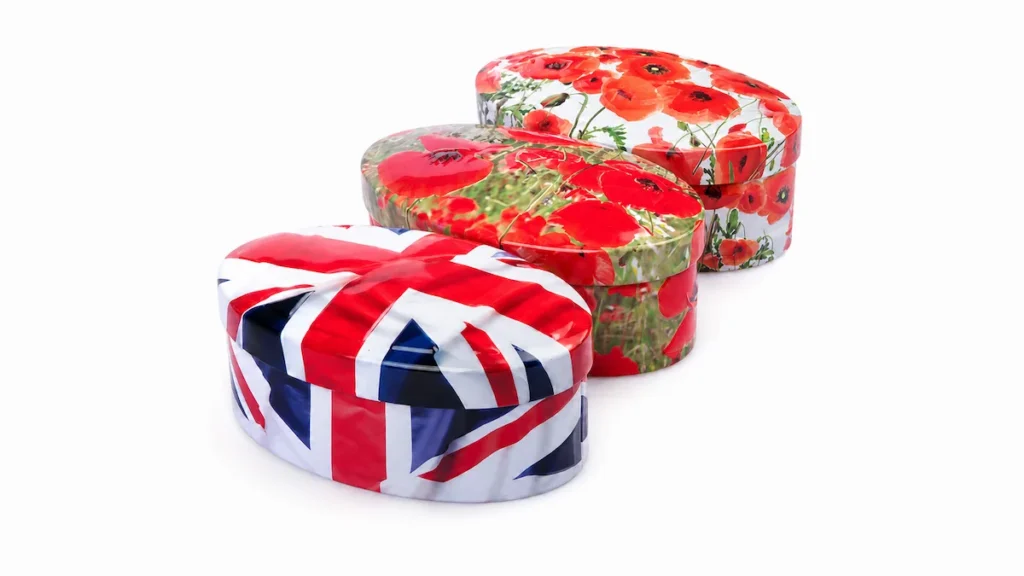Heart-shaped tin boxes with different custom printed designs