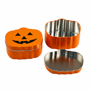 Custom pumpkin shaped Halloween candy tin measuring 100 × 90 × H45 mm