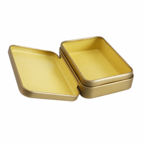 Custom rectangular hinged tin box for cleansing balm shown open