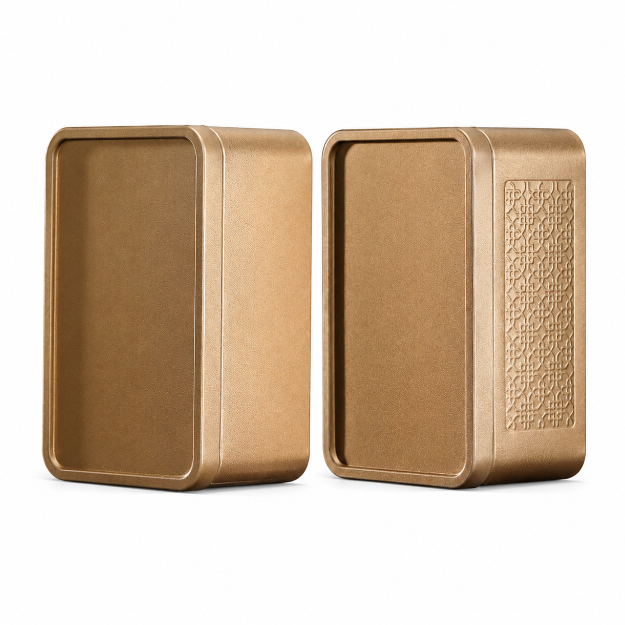 Custom rectangular perfume tin boxes in gold with decorative embossed panels