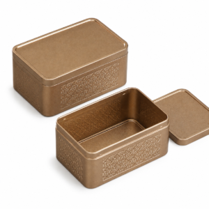 Custom rectangular perfume tin box displayed open and closed