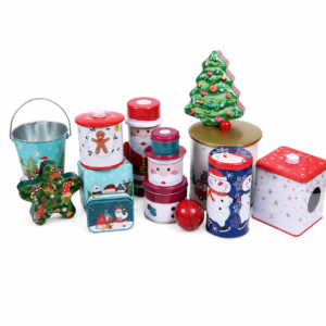 Custom shaped Christmas tin packaging in assorted festive designs