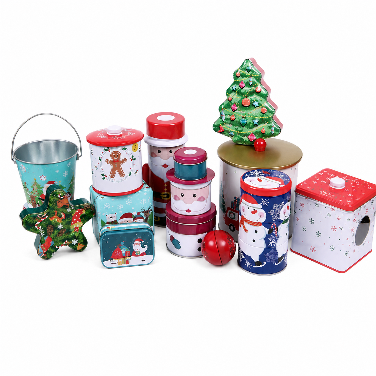 Custom shaped Christmas tin packaging in assorted festive designs