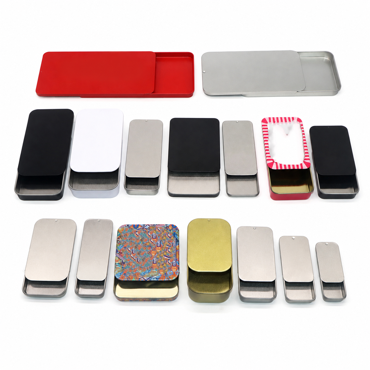 Custom sliding lid metal tin boxes in assorted sizes and finishes