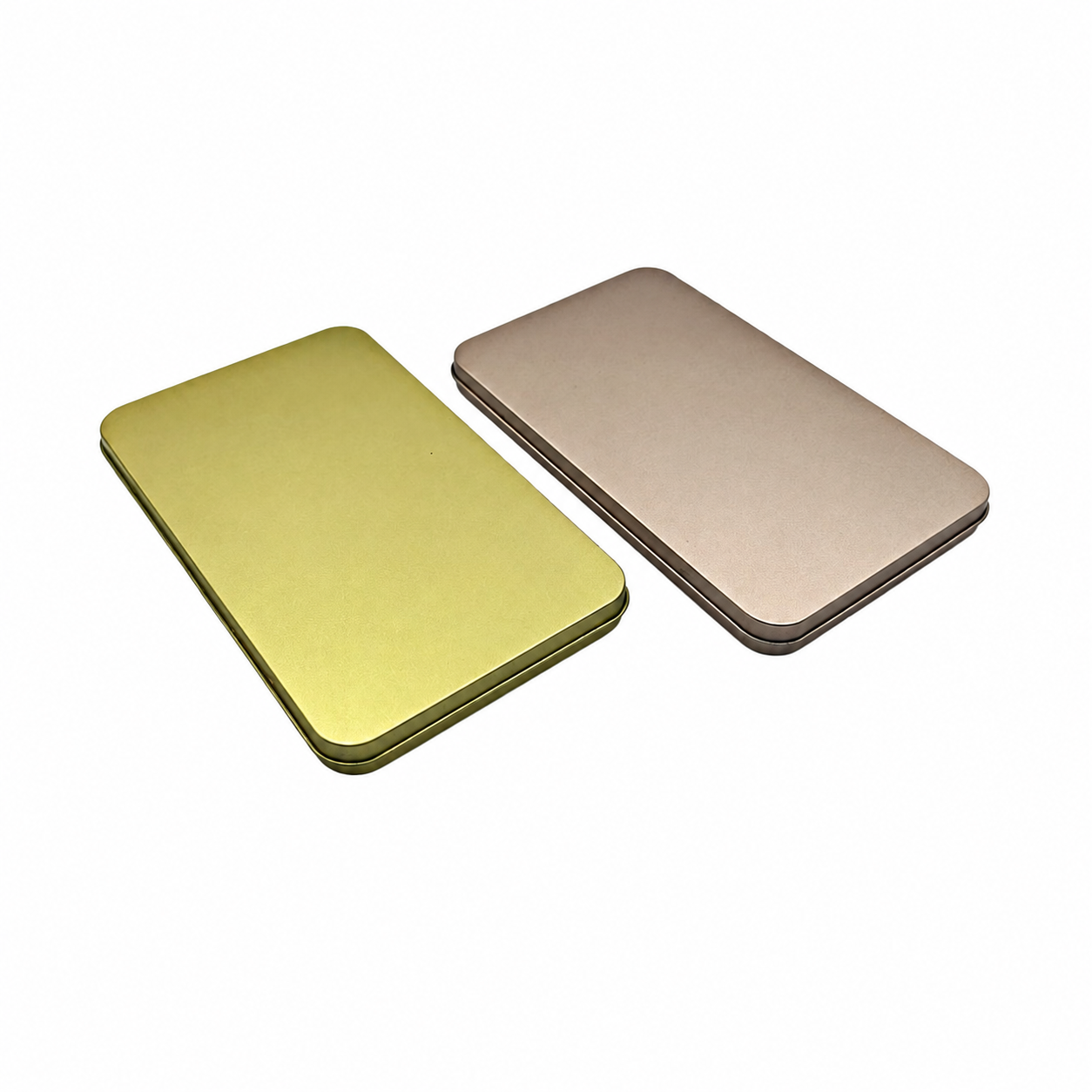 Custom slim rectangular chocolate tin boxes in gold and champagne finishes