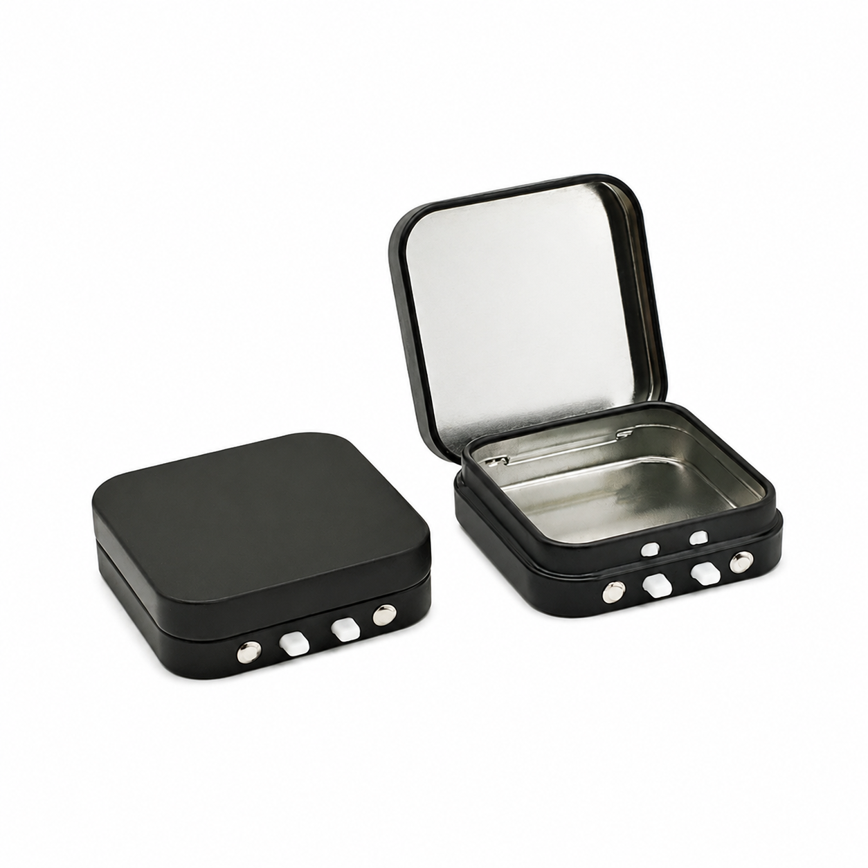 Custom small child-resistant tin box with double-button lock shown open and closed