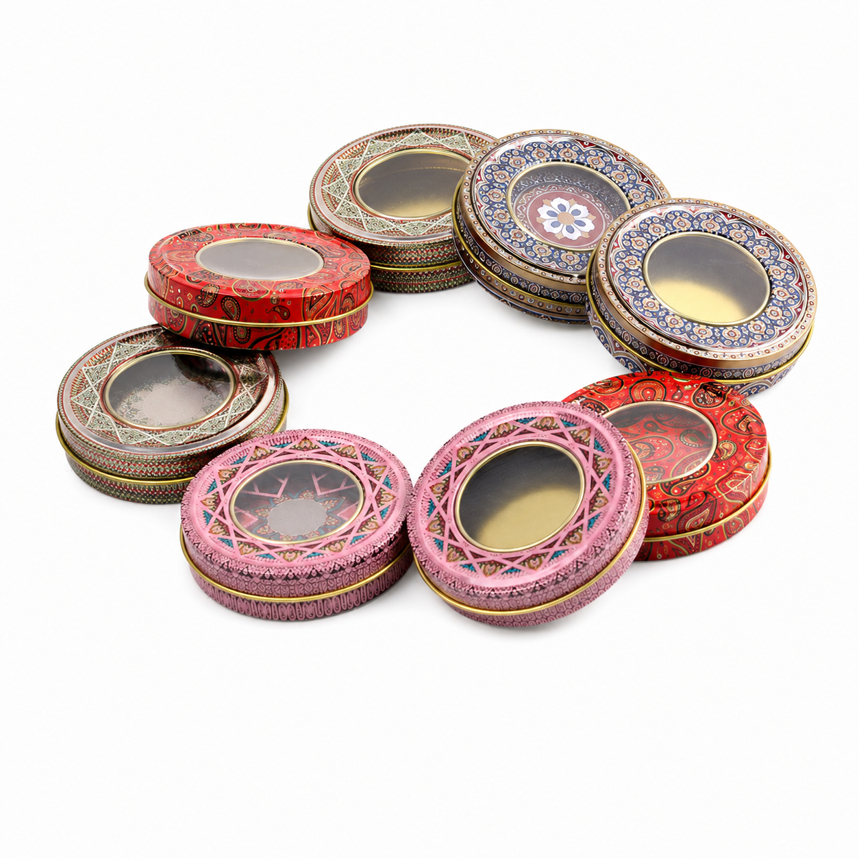 Custom small round saffron tin boxes with window lids