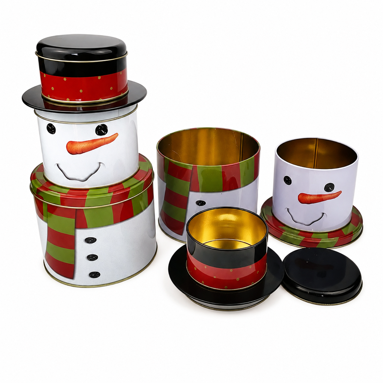Custom snowman shaped Christmas tin set with removable sections