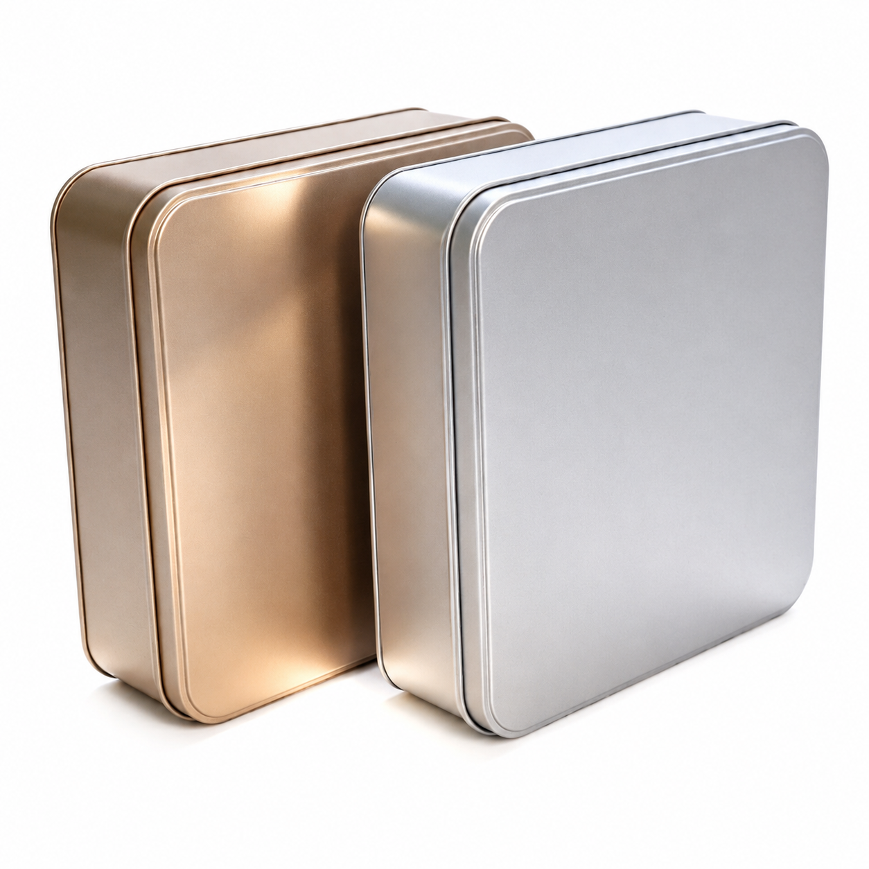 Custom square cake tin box in gold and silver finishes