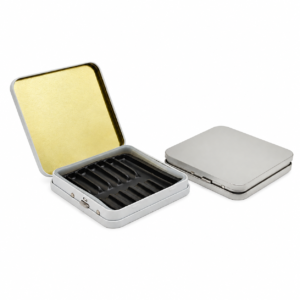 Custom square child-resistant button-lock tin box with optional insert