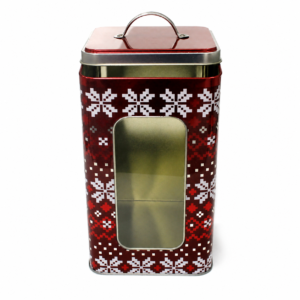 Custom square Christmas gift tin with transparent window and top handle