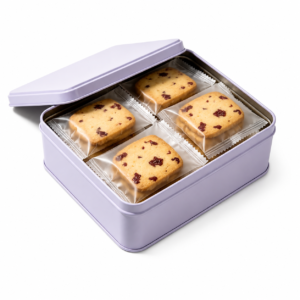 Custom square cookie tin box 155 × 155 × H65 mm with individually wrapped cookies