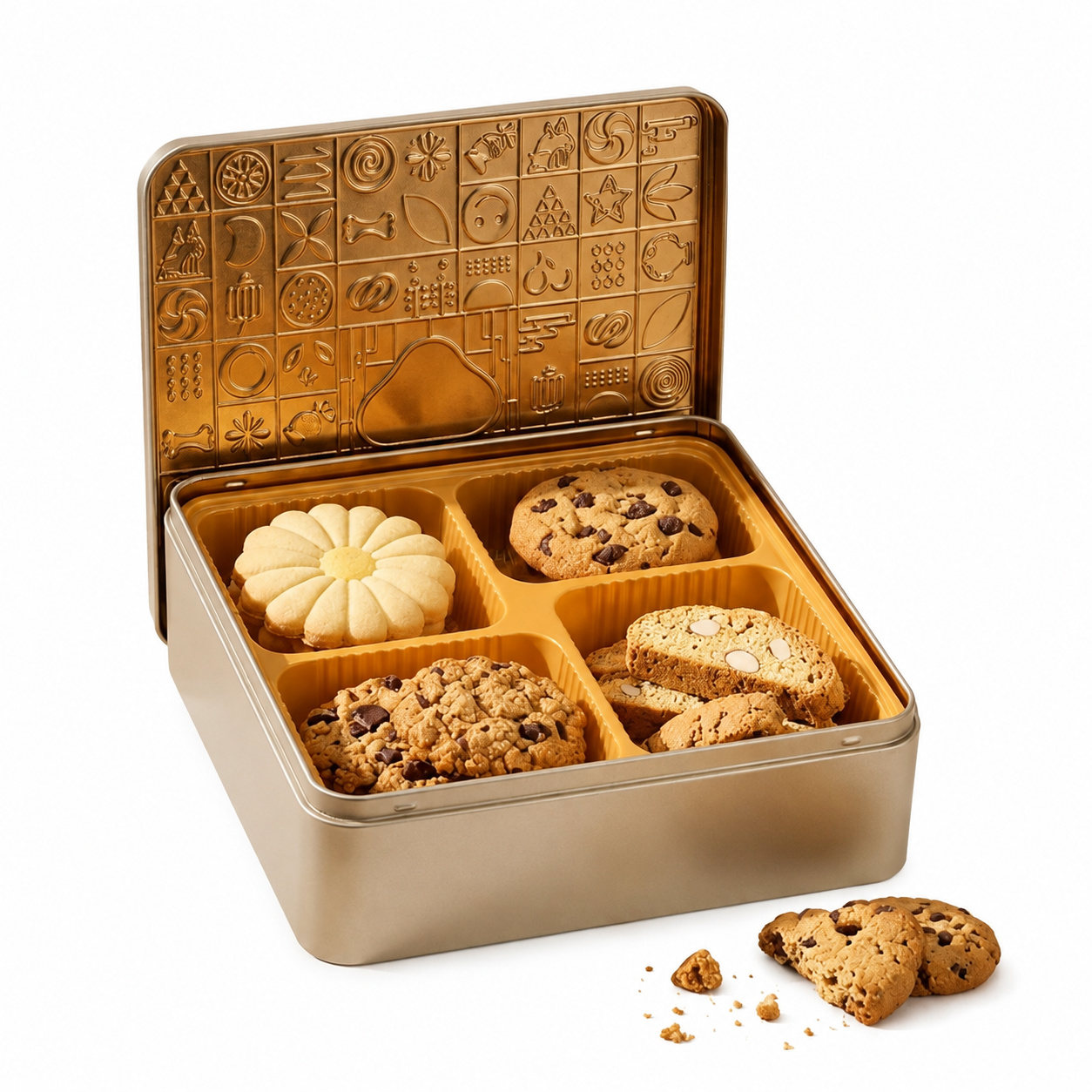 Double layer cookie tin box with compartment insert and assorted cookies