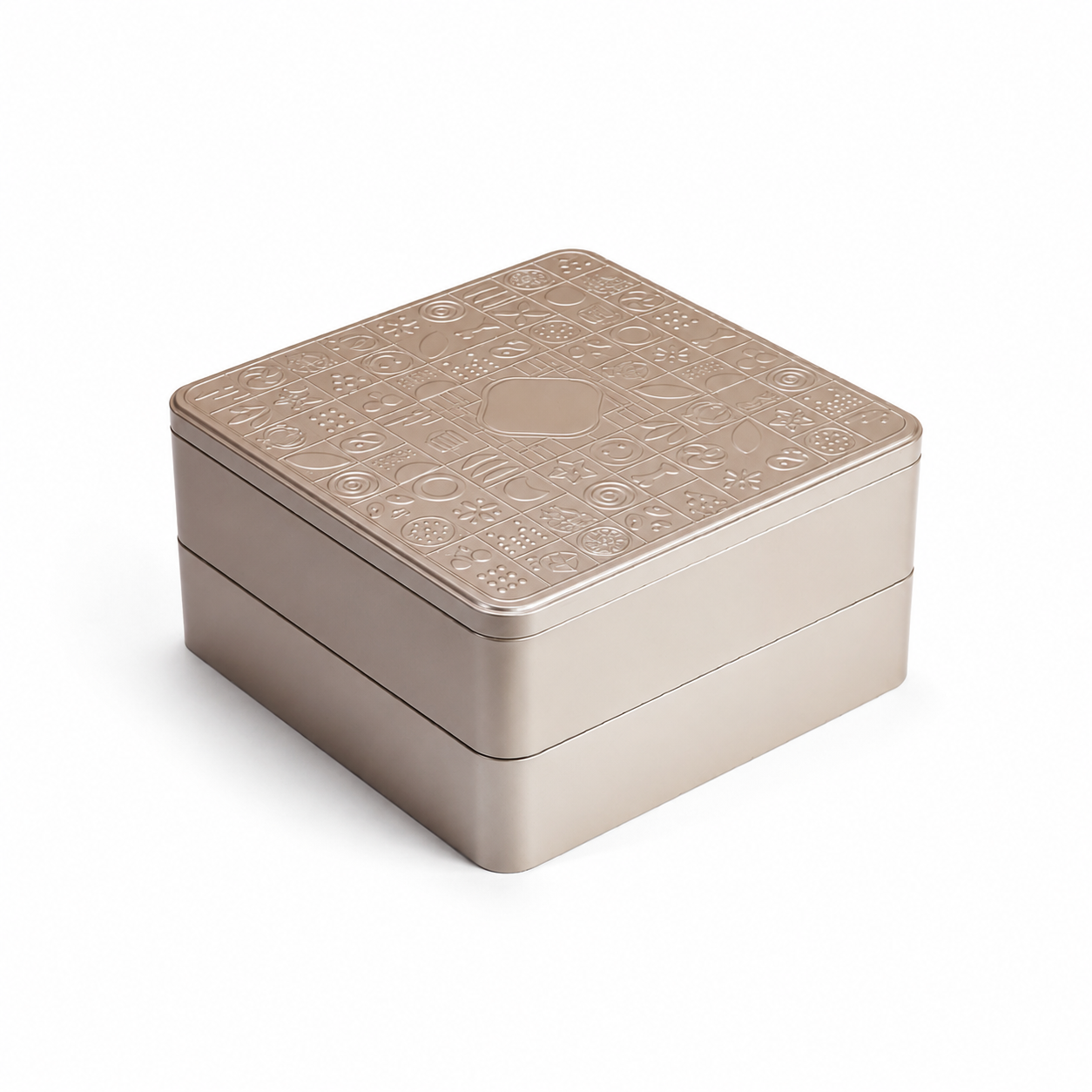 Double layer food tin box with decorative embossed hinged lid