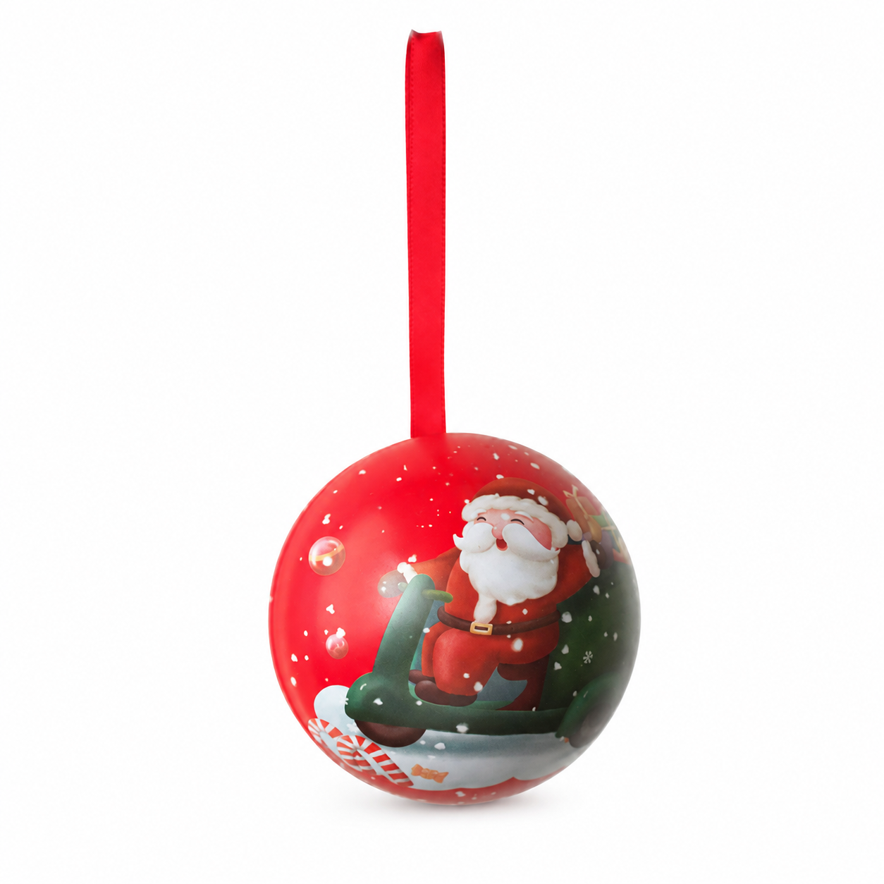 Hanging Christmas ball gift tin with Santa Claus artwork