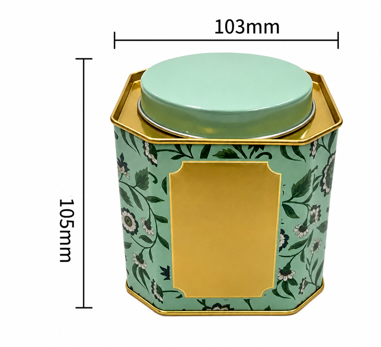 Hexagonal tea tin measuring 103 × 103 × H105 mm