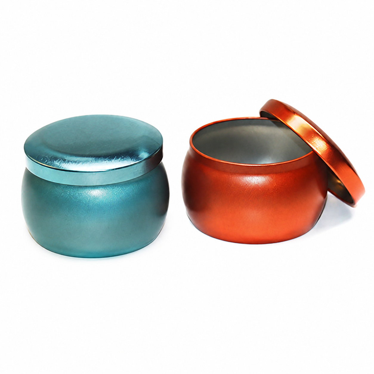 Open and closed 4.4 oz belly shaped candle tins with removable lids