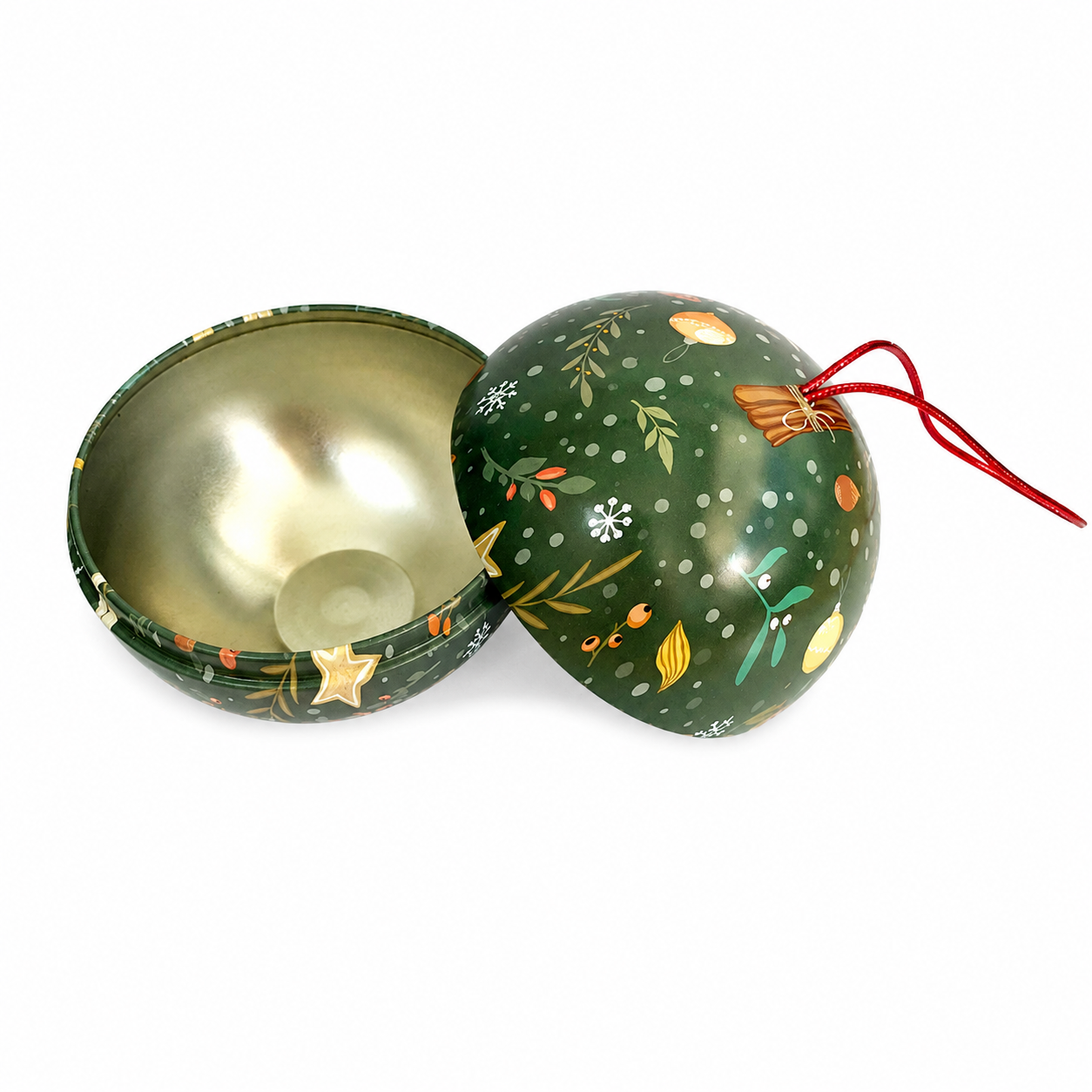 Open green Christmas ornament tin showing its gold-colored interior, two-piece spherical construction and optional red hanging ribbon.