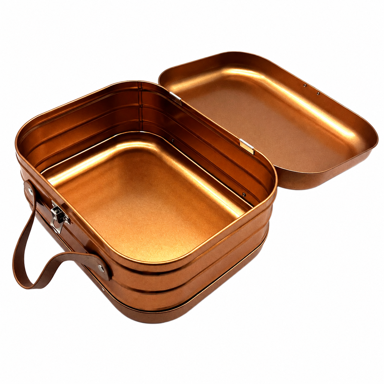 Open cosmetic tin case with hinged lid and spacious interior
