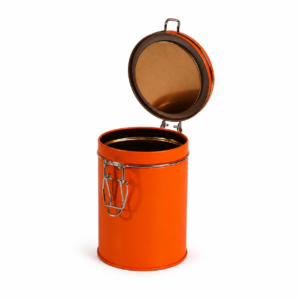 Open custom 250g coffee tin with hinged clamp lid