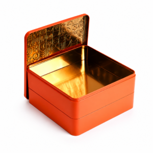 Open custom double layer food tin box with hinged embossed lid