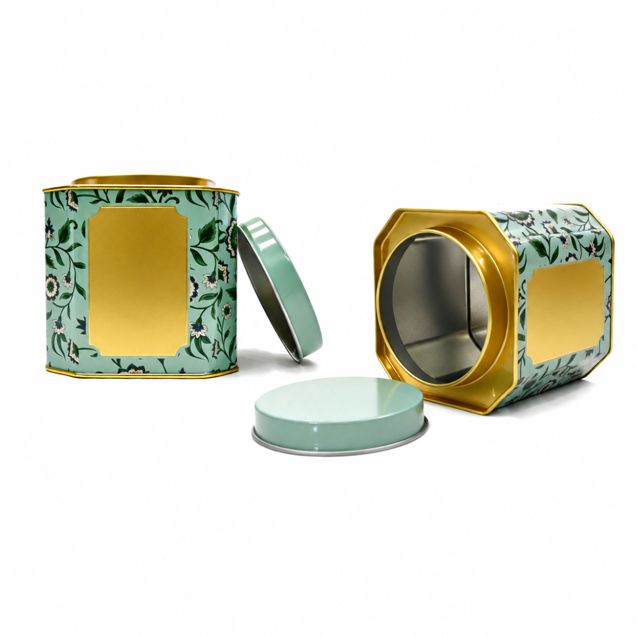 Open custom hexagonal tea tin showing the round lid and wide opening