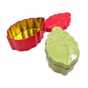 Open custom leaf shaped candy tin box with removable lid
