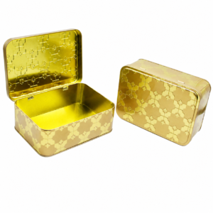 Open custom rectangular hinged lid tin box showing gold interior