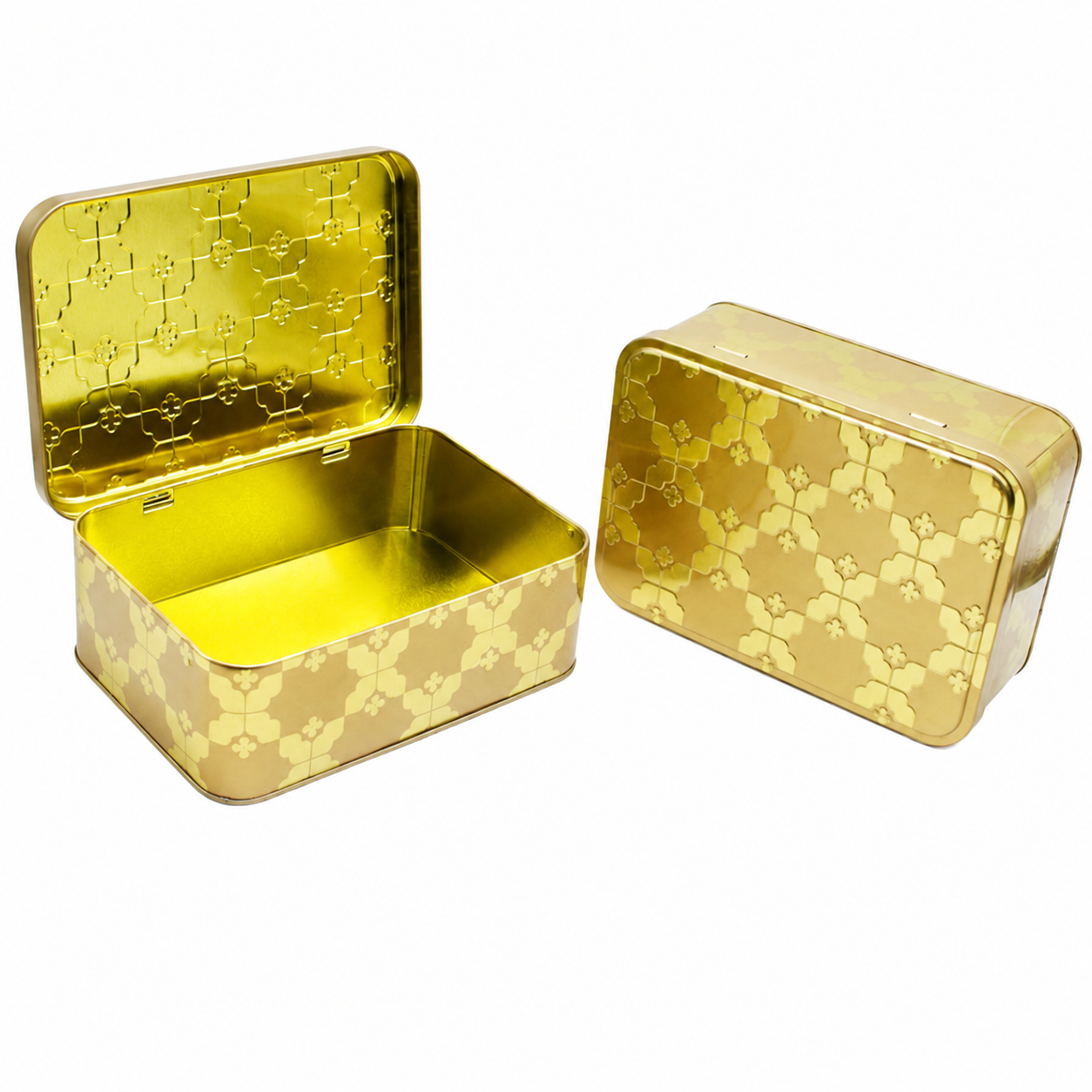 Open custom rectangular hinged lid tin box showing gold interior