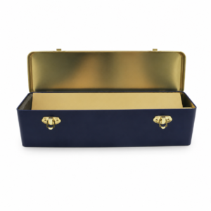 Open custom rectangular whisky bottle tin box with hinged lid and two latches