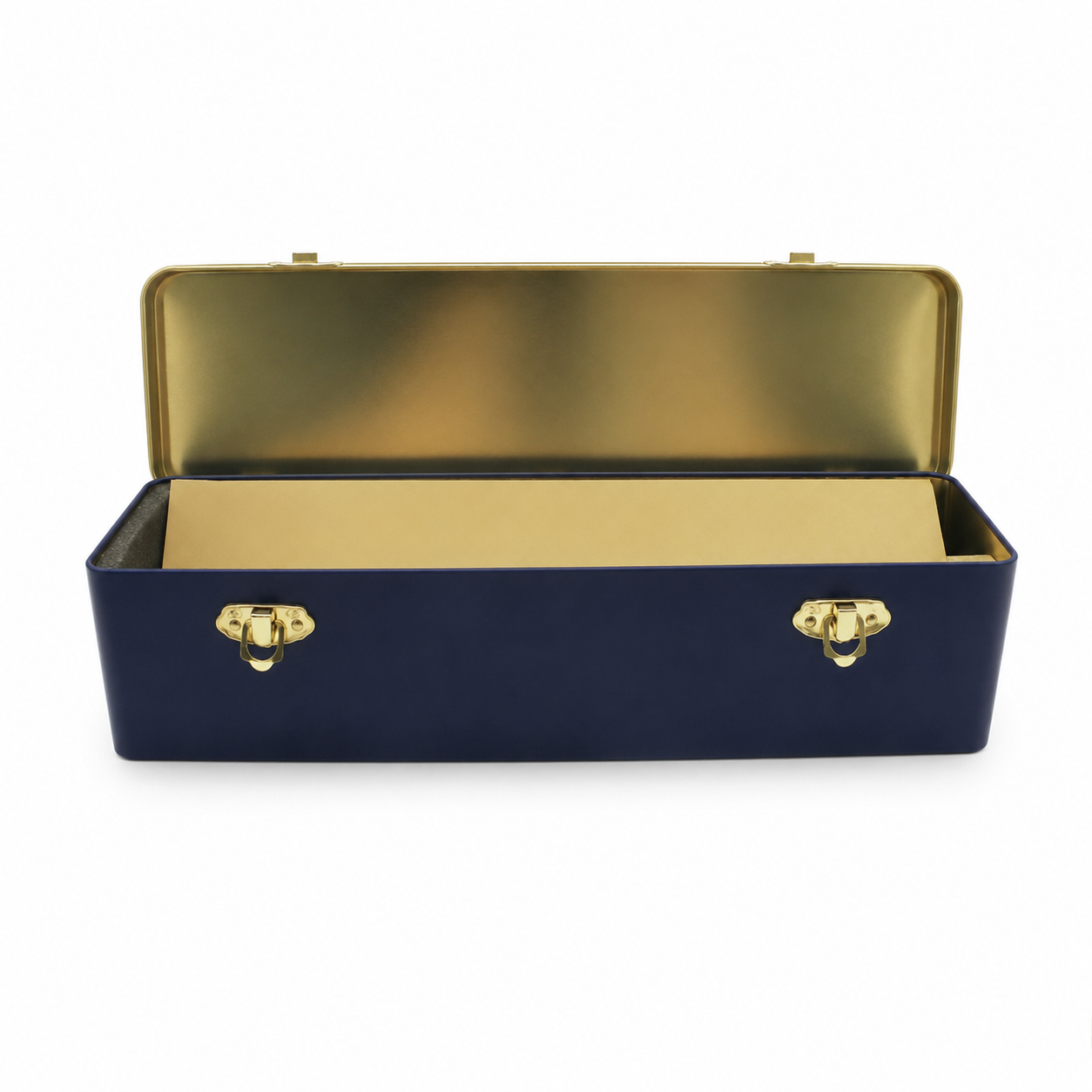 Open custom rectangular whisky bottle tin box with hinged lid and two latches