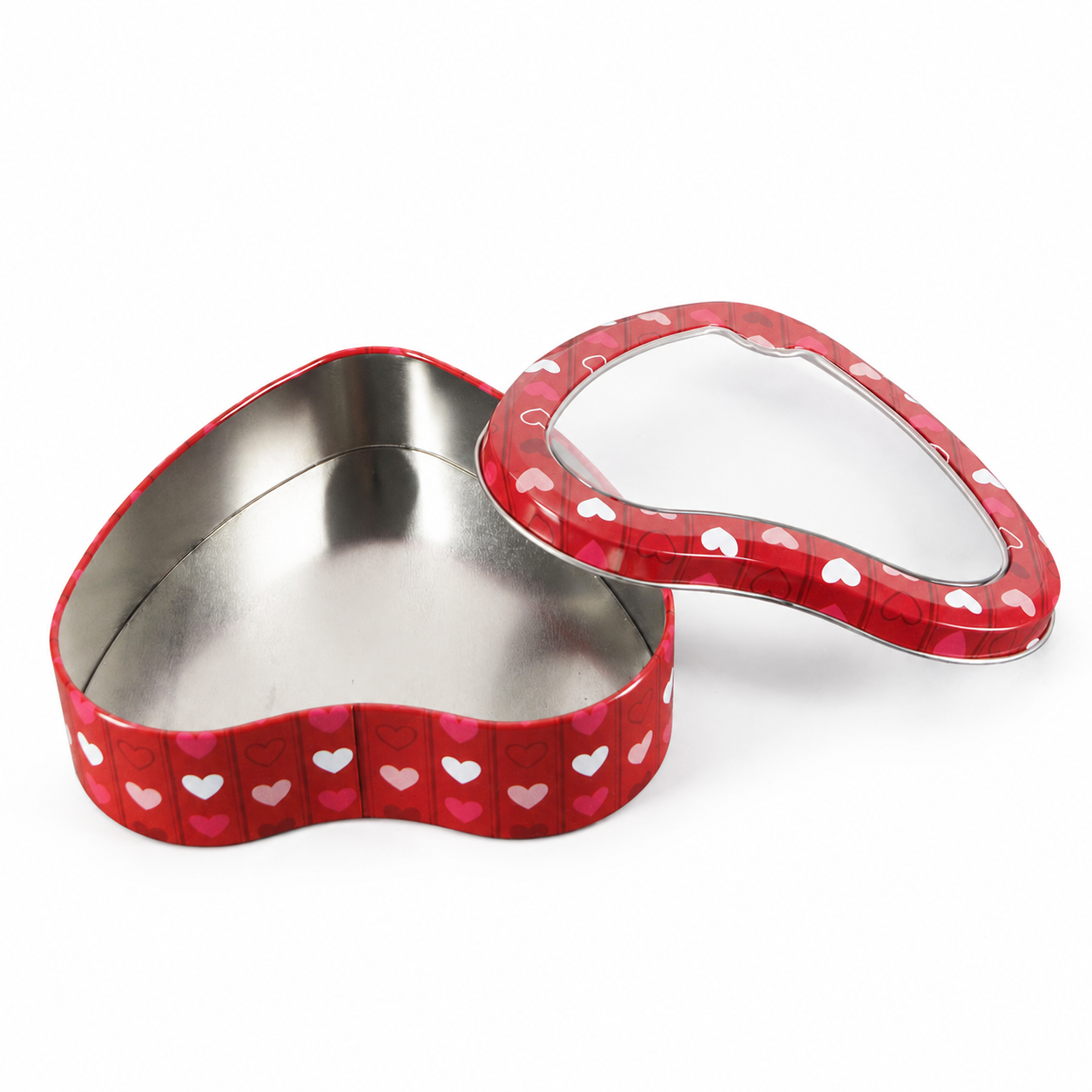 Open heart shaped tin box with removable PVC window lid
