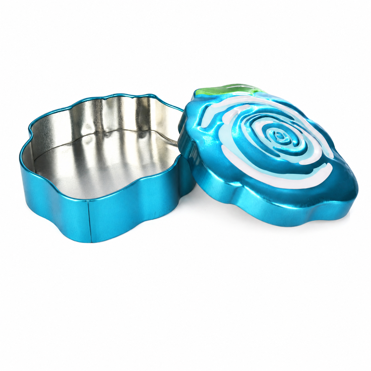 Open rose shaped chocolate tin box with removable lid