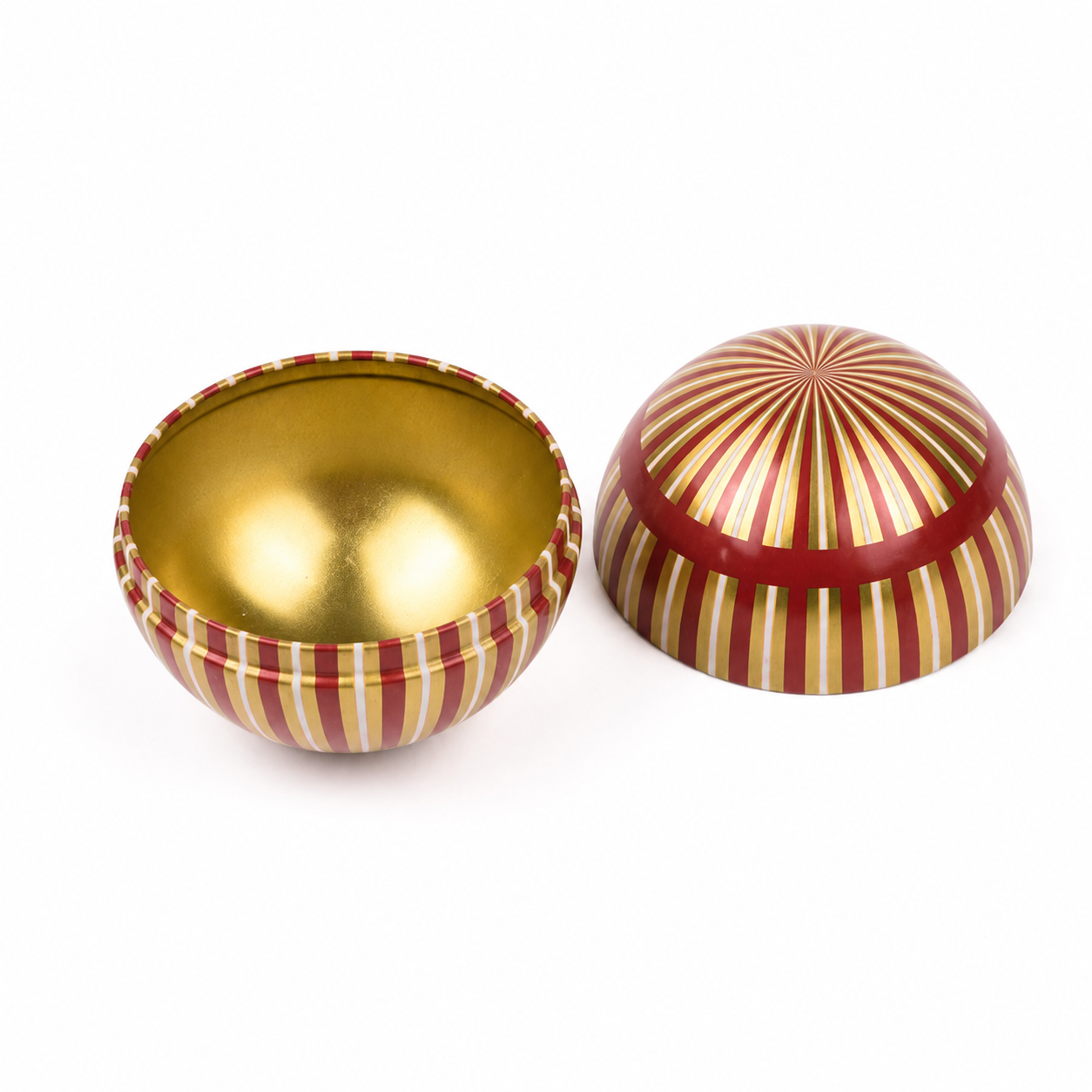 Custom metallic Christmas ball tins in red and rose gold