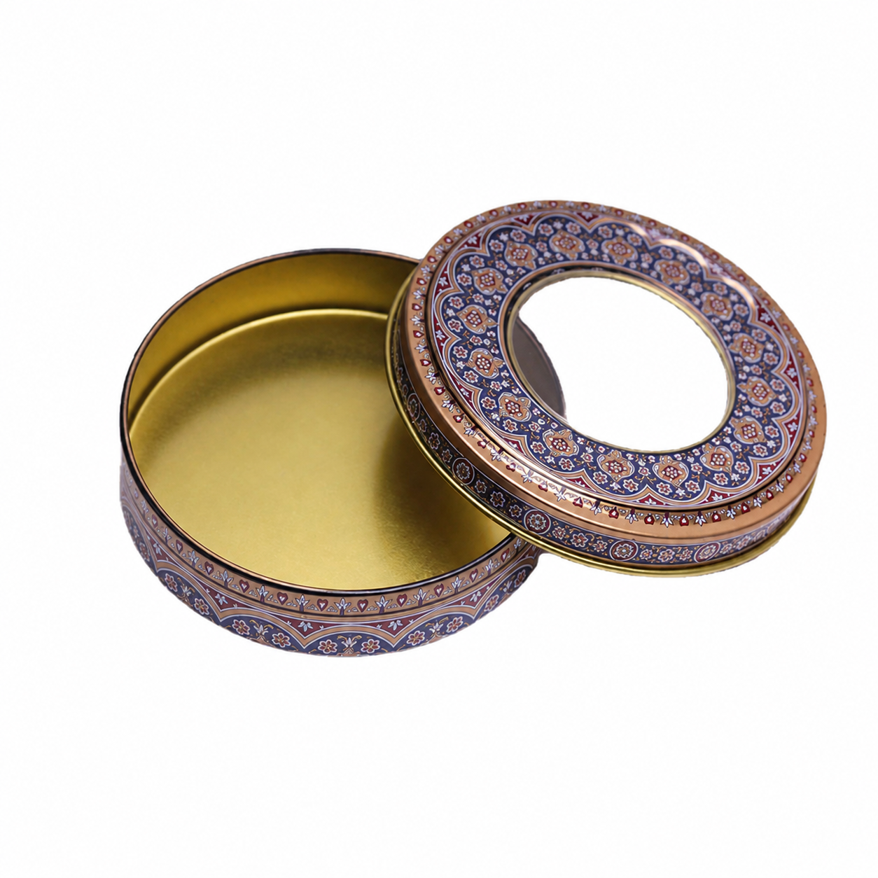 Open small round saffron tin box with window lid