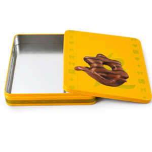 Open square chocolate tin box with removable embossed lid