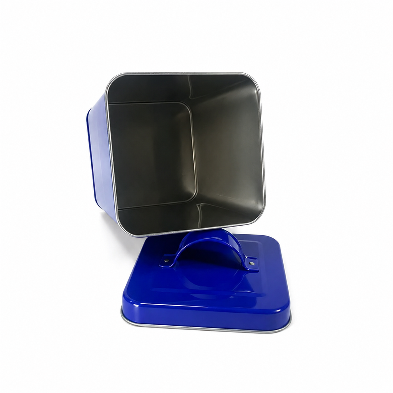 Open square coffee bean storage tin showing spacious interior