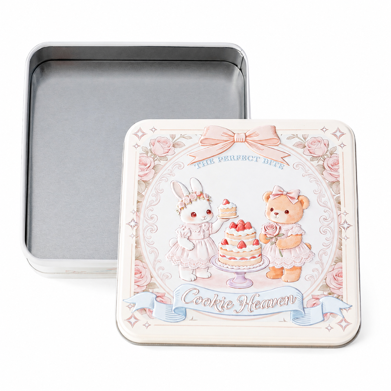 Open square cookie tin box showing the food-grade metal interior