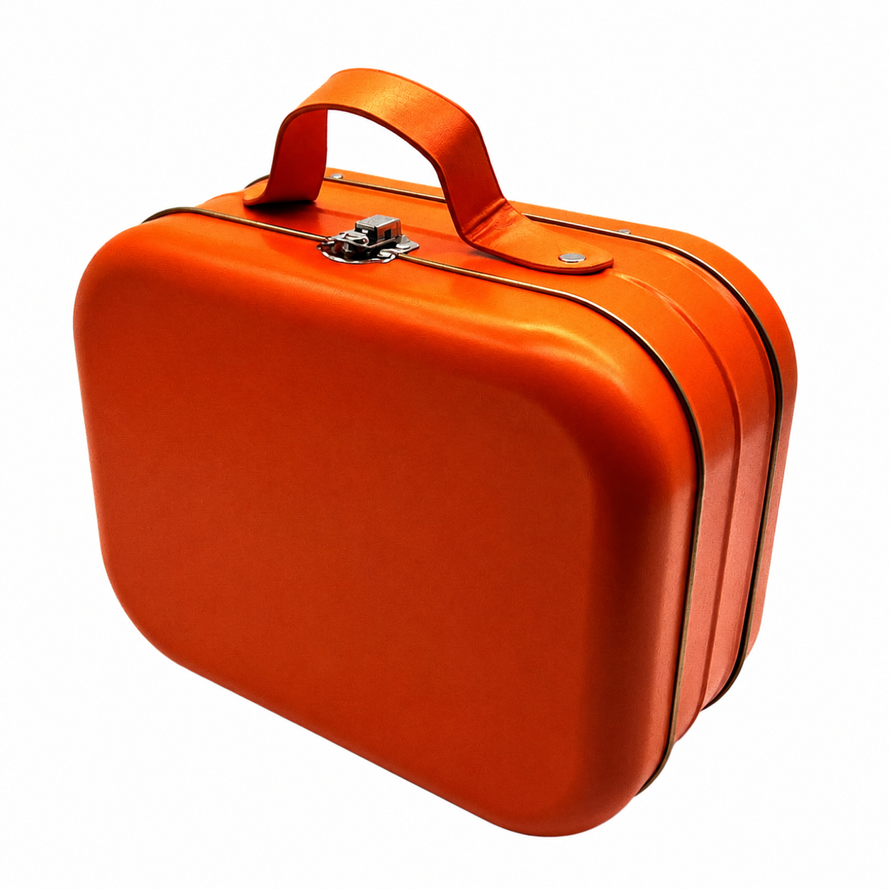 Orange portable cosmetic tin case with handle and latch