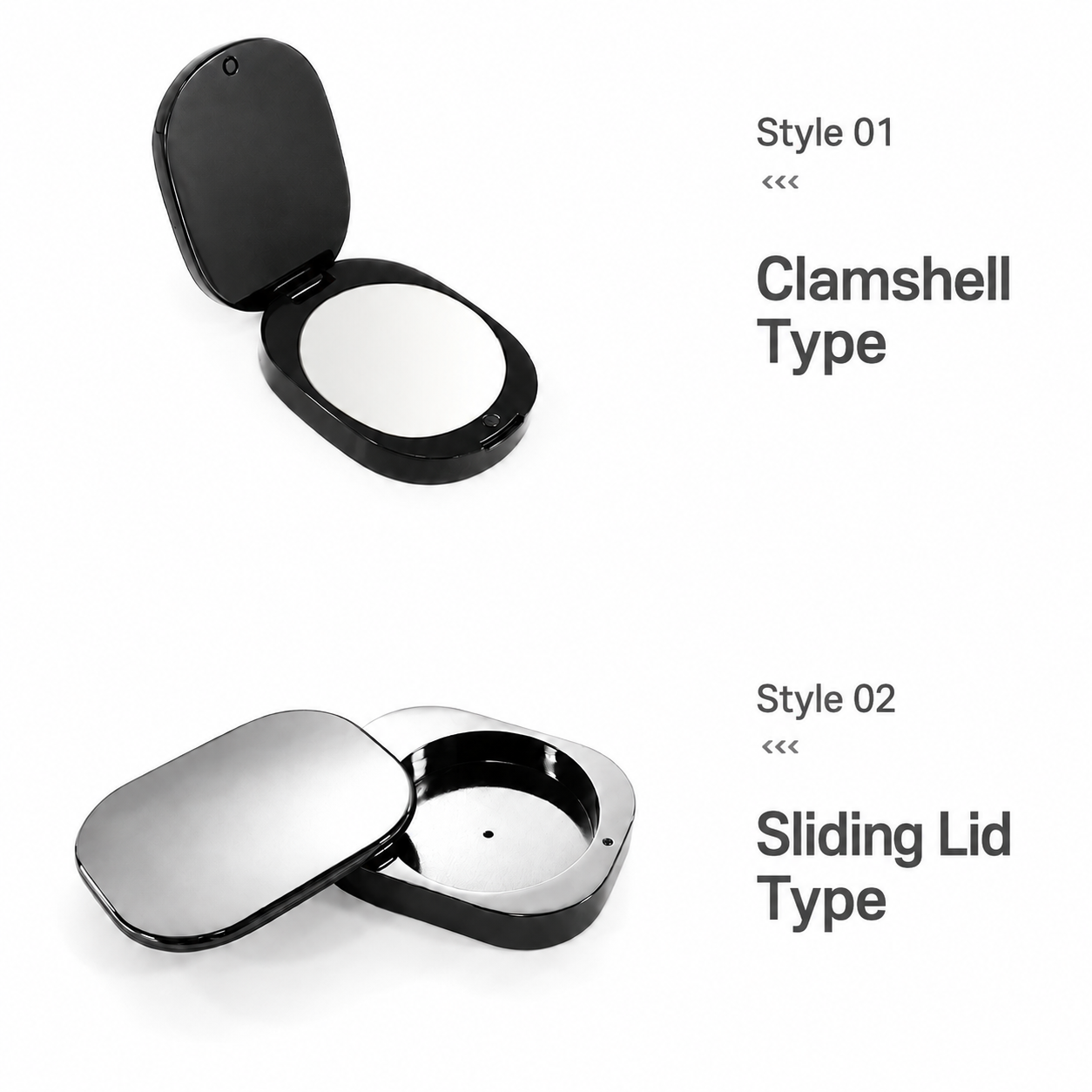 Oval zinc alloy solid perfume containers with clamshell and sliding lid options