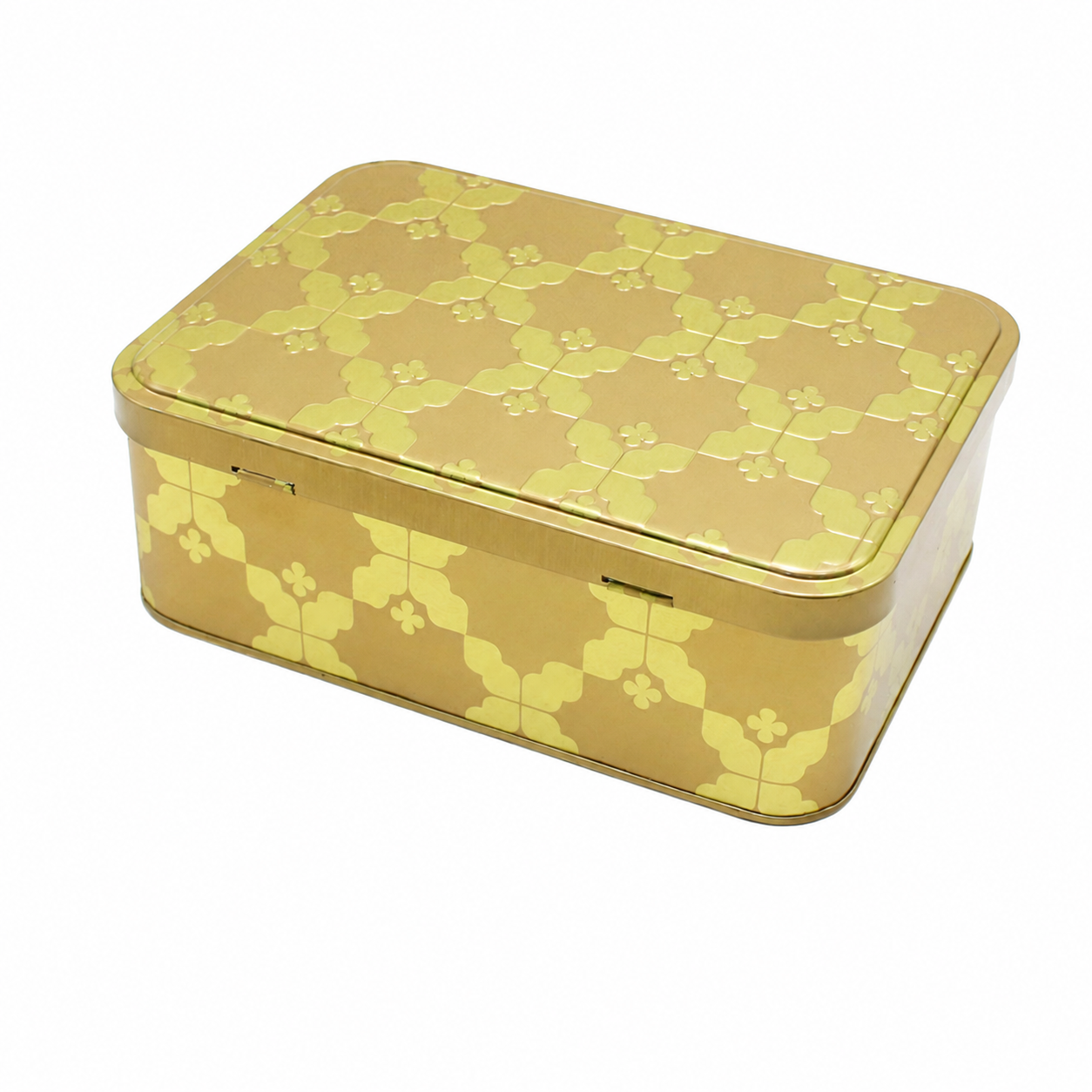 Rectangular cookie tin box with attached hinged lid and rounded corners
