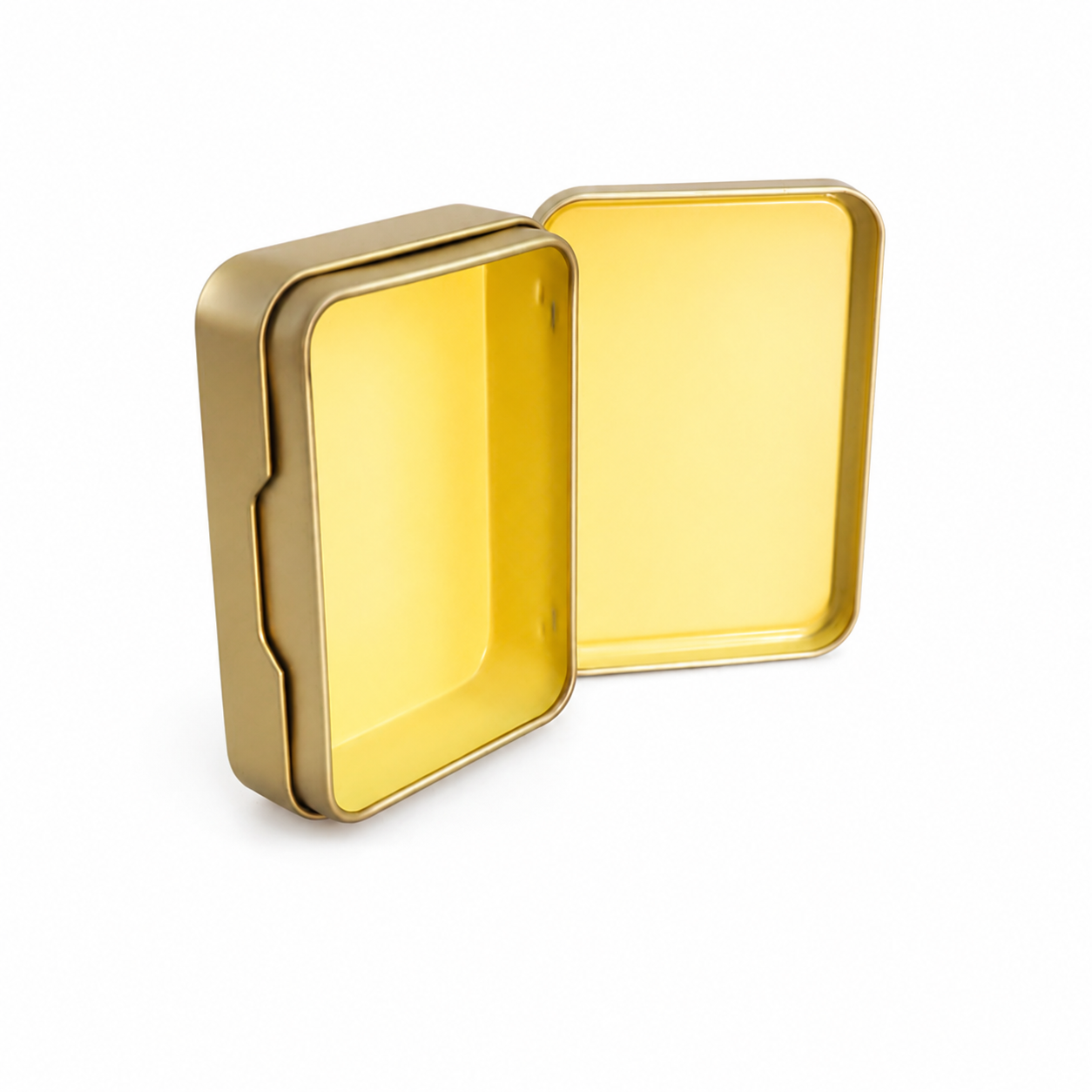 Rectangular cosmetic balm tin showing its gold-colored interior