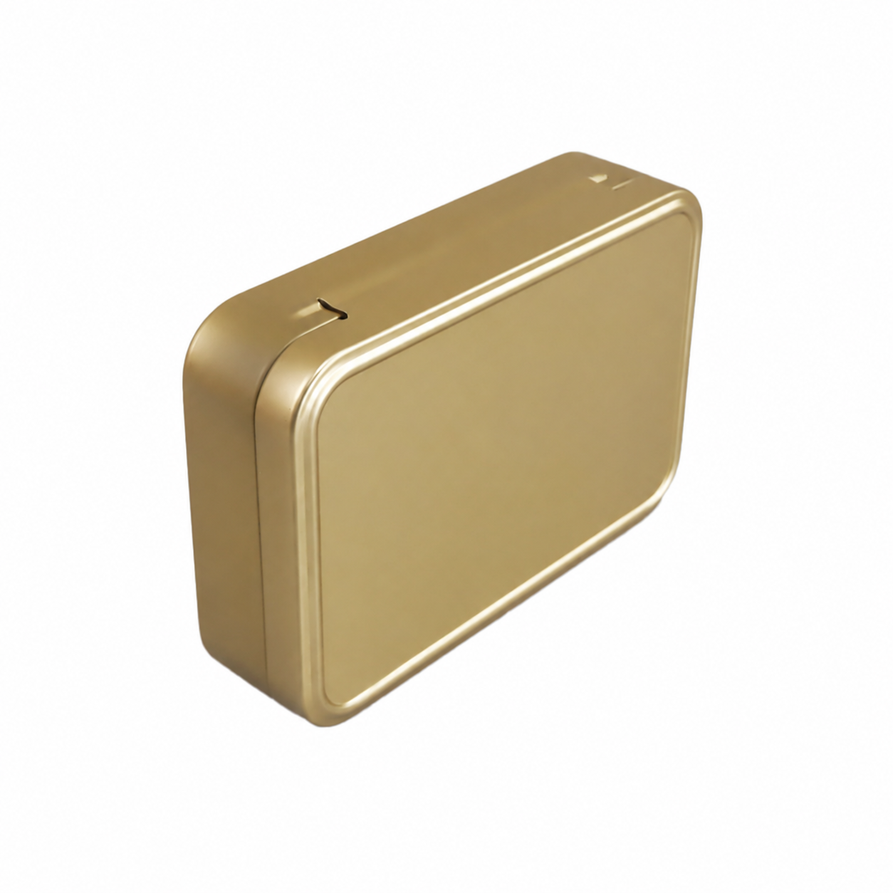 Rectangular cosmetic tin showing the integrated rear hinge detail