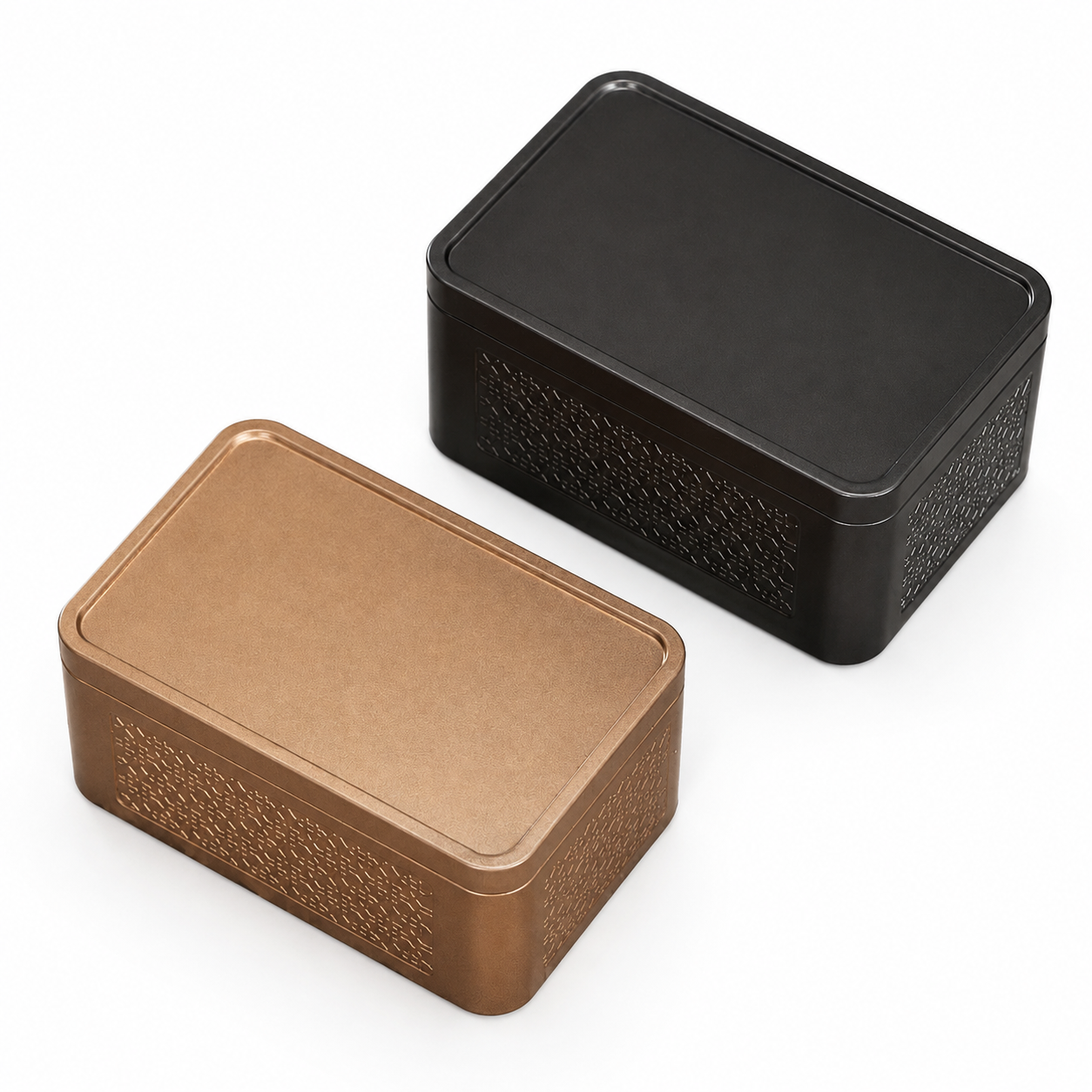 Rectangular fragrance gift tin boxes in black and copper gold finishes