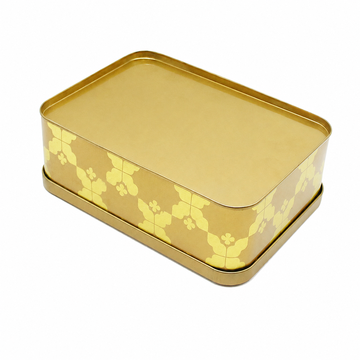 Bottom view of rectangular hinged lid tin box with gold finish