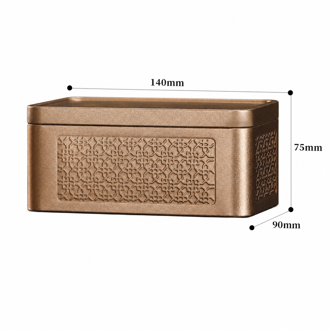 Rectangular perfume tin box measuring 140 × 90 × H75 mm
