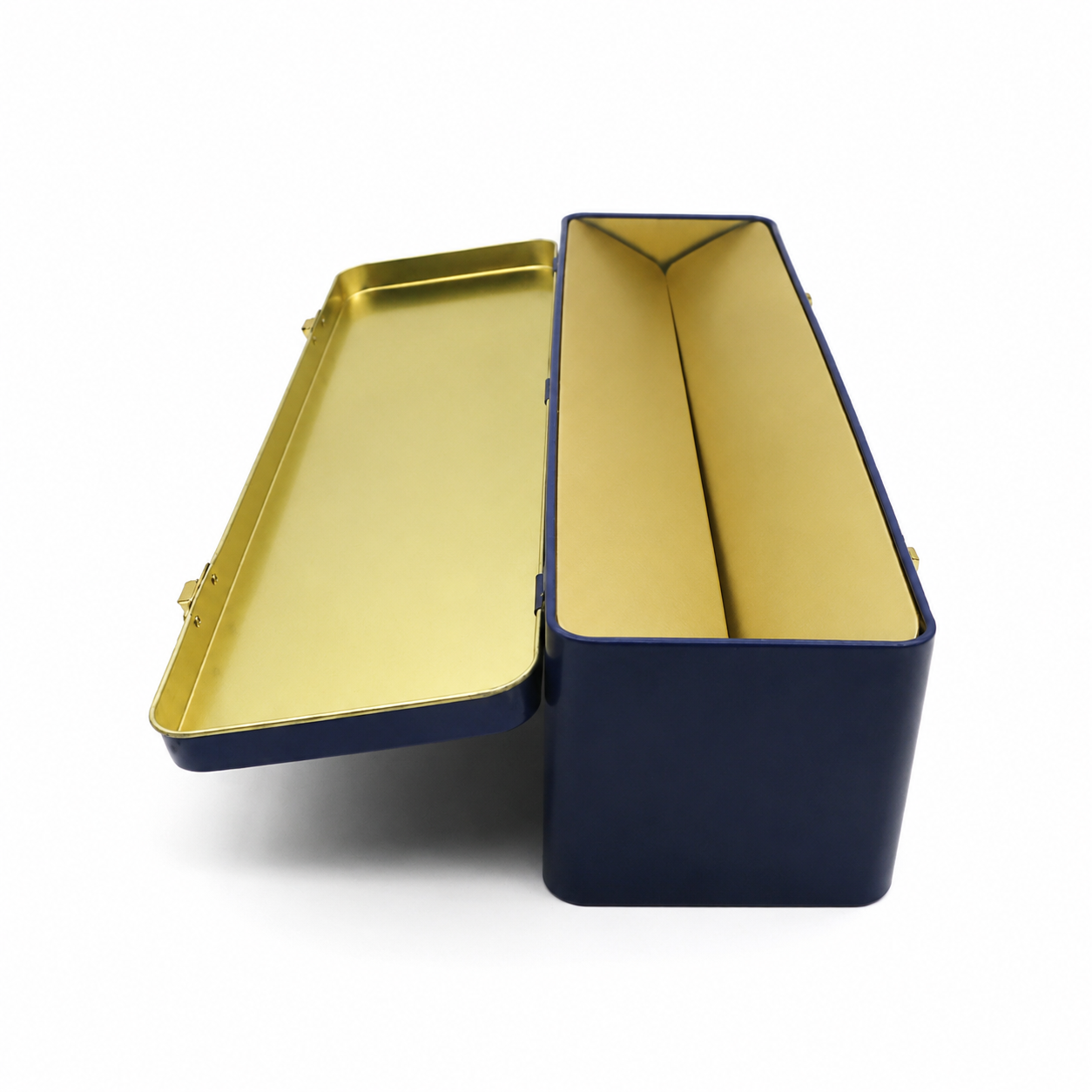 Open rectangular whisky bottle tin box showing the protective interior liner