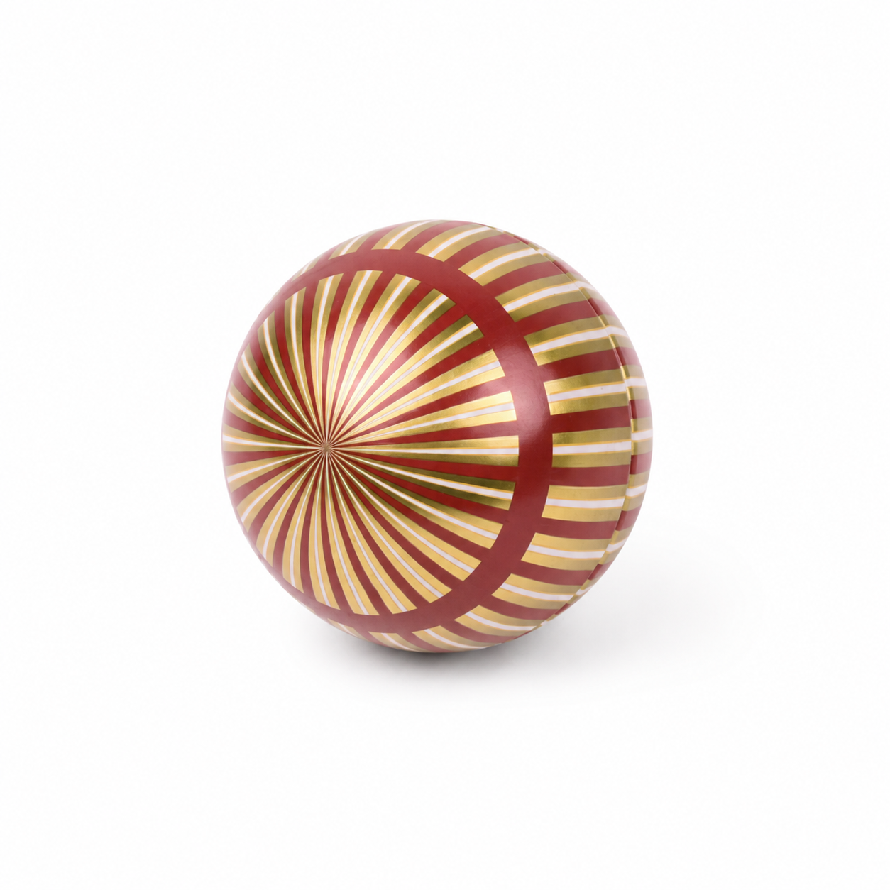 Red and gold round Christmas candy tin with decorative stripe pattern