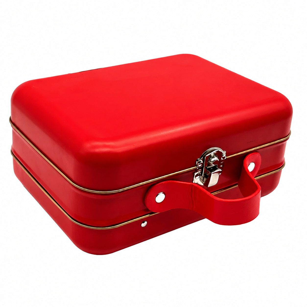 Red cosmetic gift tin case with carrying handle and metal latch